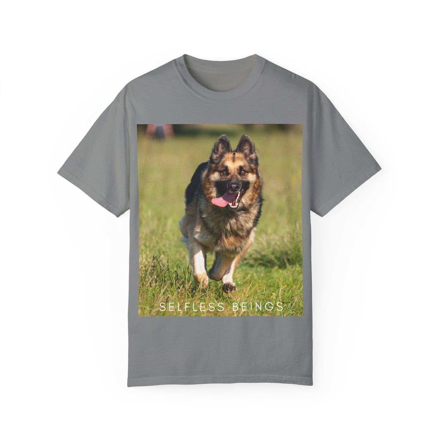 Unisex Dog Lover T-Shirt With Beautiful German Shepherd Running on the Field Leaving Tongue Out and Caption Selfless Beings
