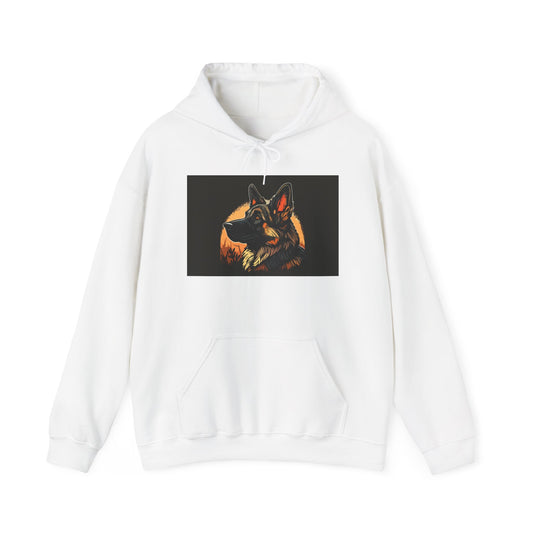 Unisex Dog Lover Hoodie With a Close Up Graphic of a German Shepherd In Front of Moon