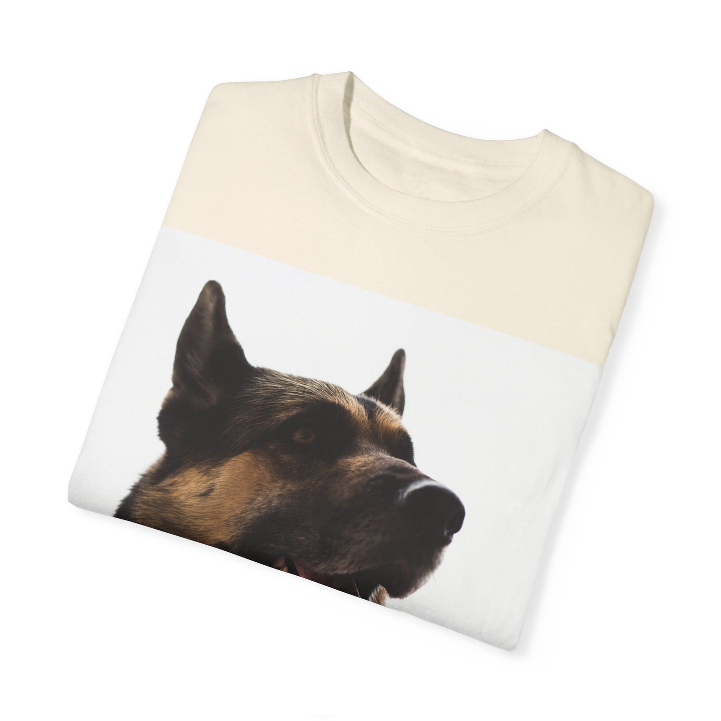 Unisex Dog Lover T-Shirt With Close Up of Large German Shepherd Turning His Face and Caption Selfless Beings