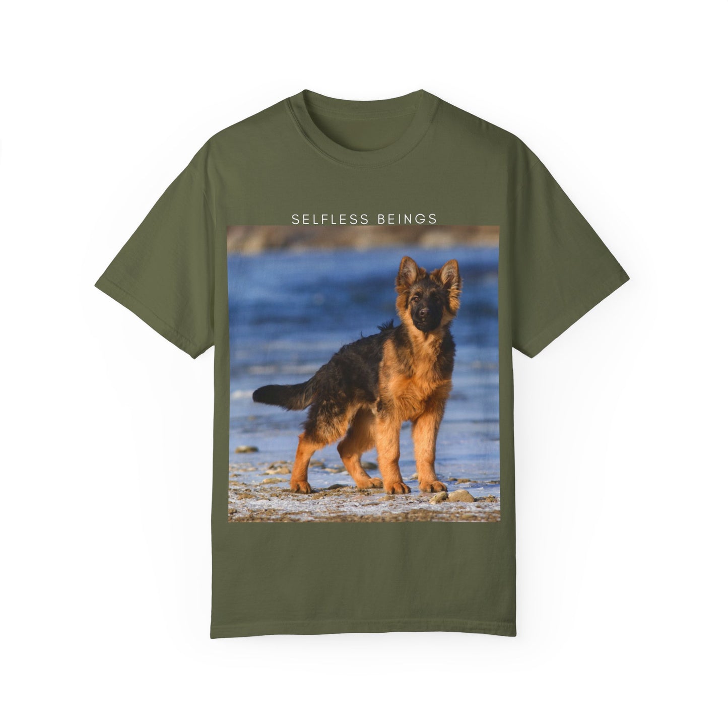 Unisex Dog Lover T-Shirt With German Shepherd Puppy Standing at the Sea Shore and Caption Selfless Beings