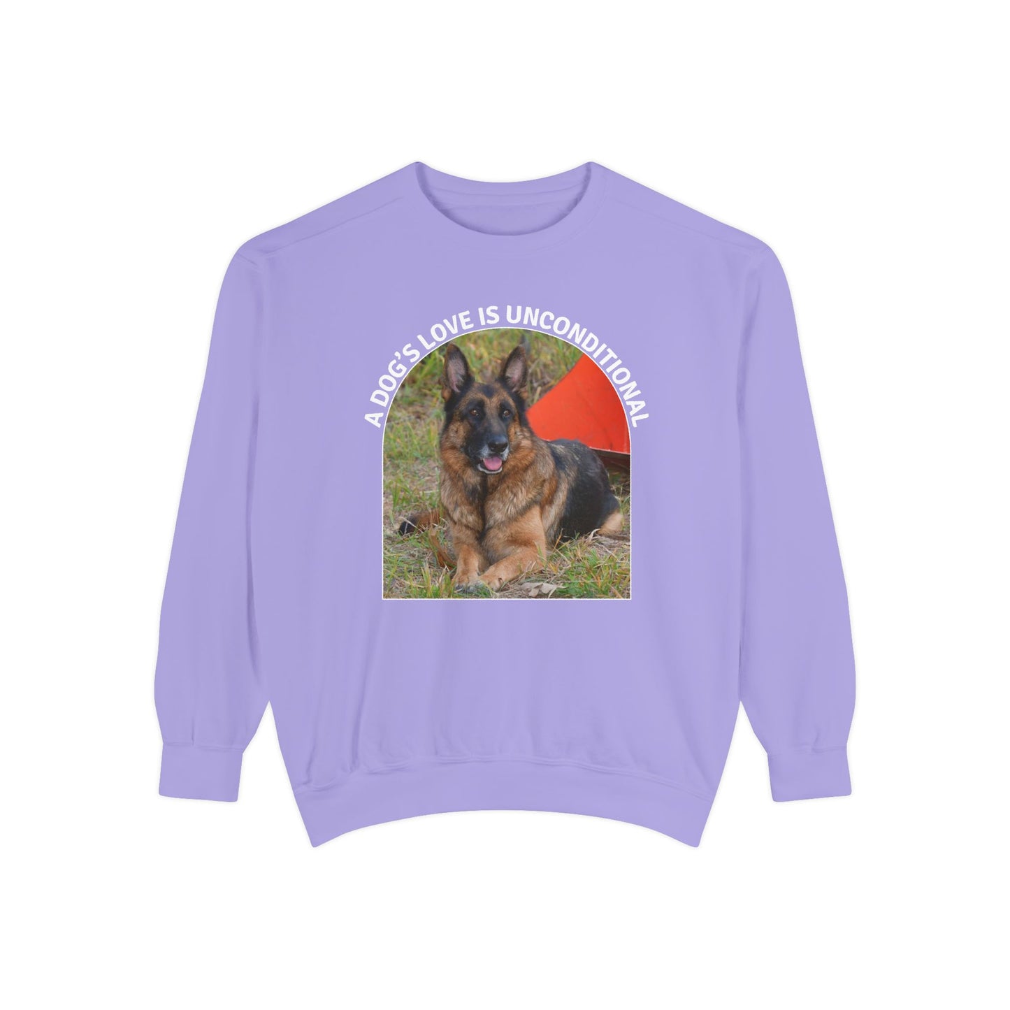 Unisex Dog Lover Sweatshirt With a German Shepherd and Caption Dog's Love is Unconditional
