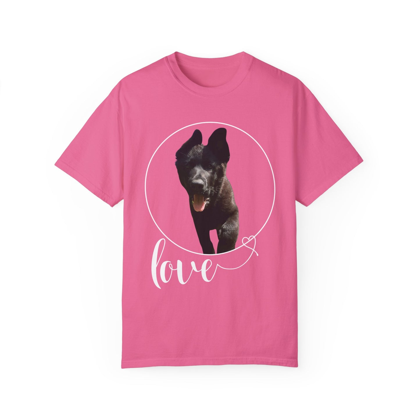 Unisex Dog Lover T-Shirt With Solid Black German Shepherd Walking On a Grass and Text Love
