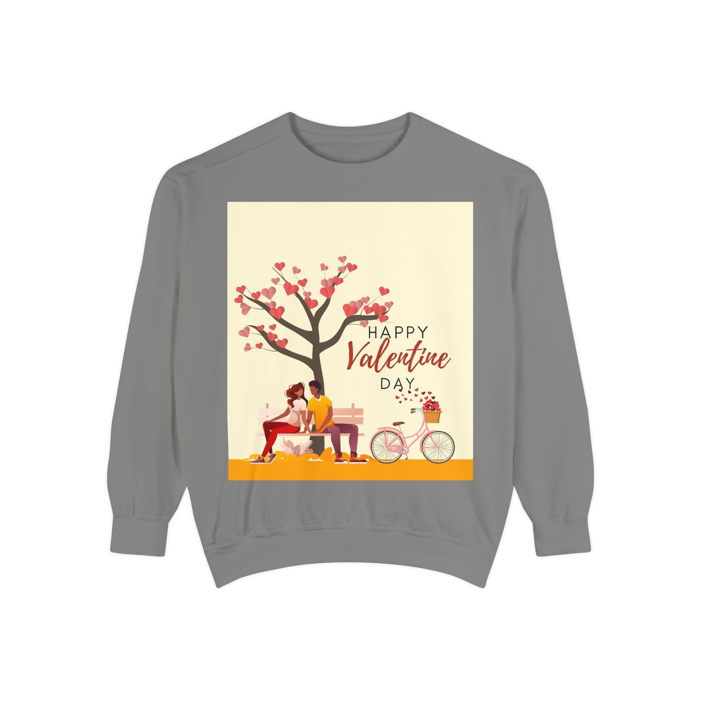 Unisex Valentine's Day Sweatshirt With Art Showing Couple Sitting on a Bench Under the Tree and Caption Happy Valentine's Day