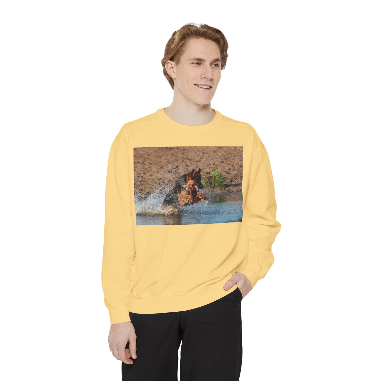 Unisex Dog Lover Sweatshirt With a Long Coat German Shepherd Jumps in the River