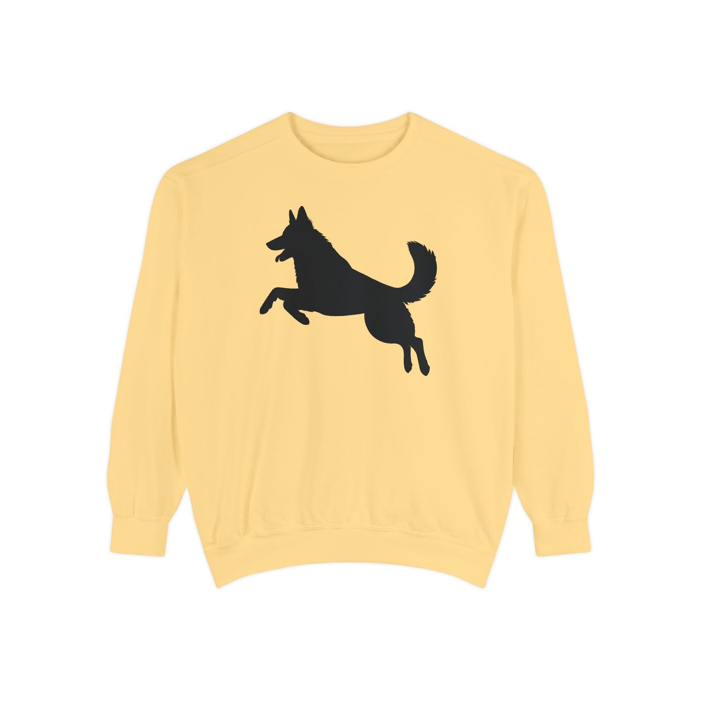 Unisex Dog Lover Sweatshirt With a Graphic of Solid Black German Shepherd Jumping in the Air