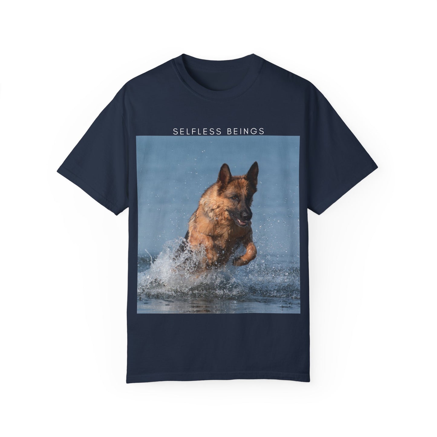 Unisex Dog Lover T-Shirt With Showline German Shepherd Swimming in the Sea and Caption Selfless Beings on Top