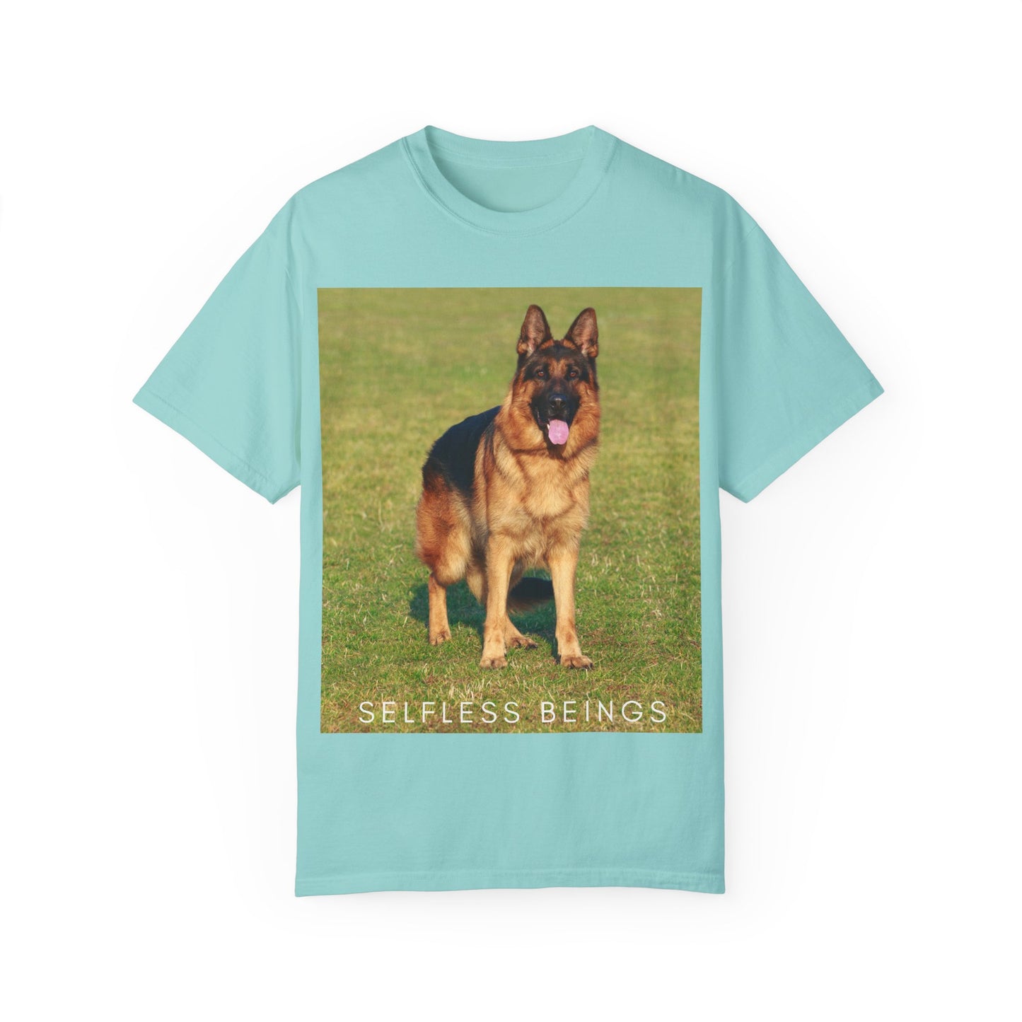 Unisex Dog Lover T-shirt With a German Shepherd on the Sports Grass Field and Caption Selfless Beings