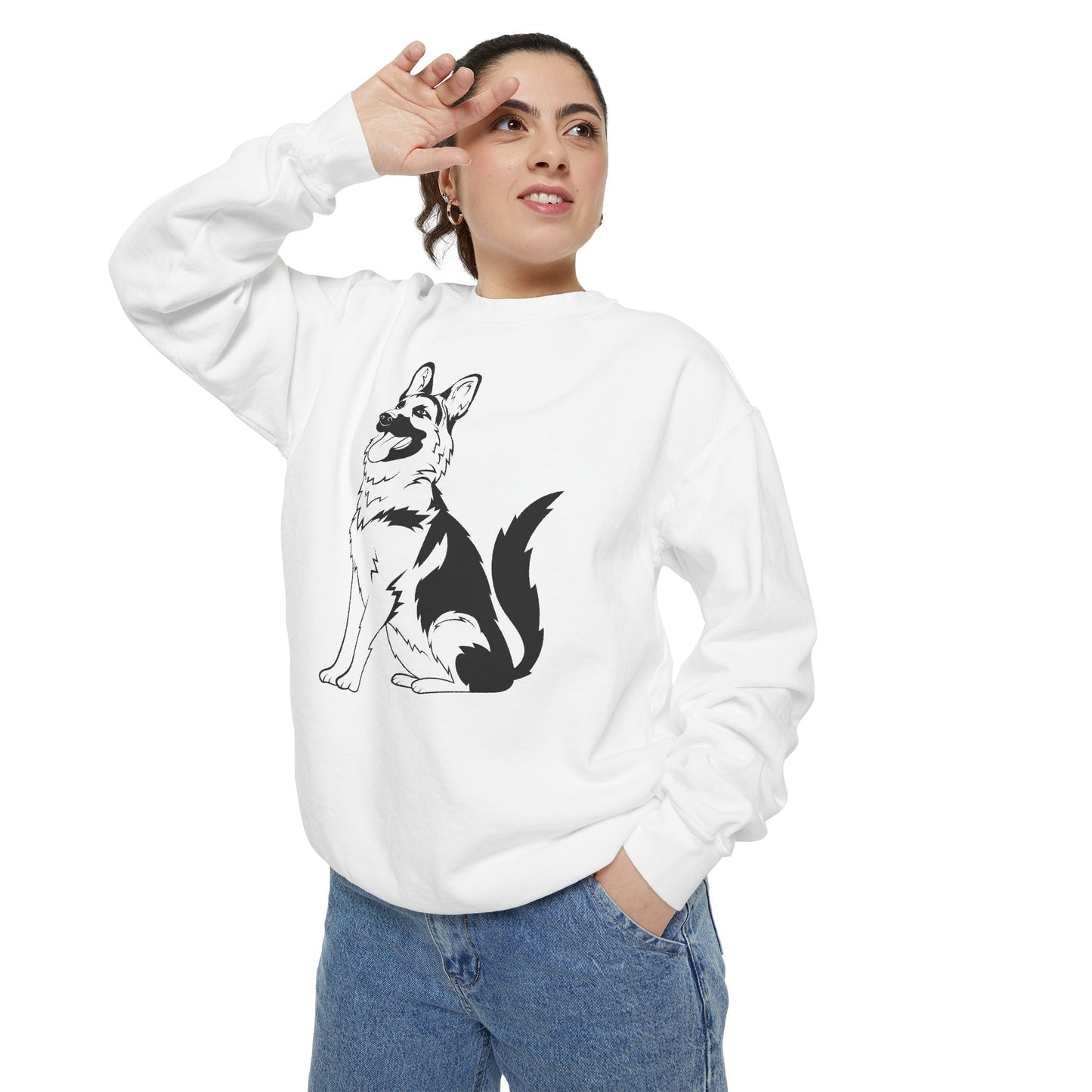 Unisex Dog Lover Sweatshirt With a Graphic of Black and Transparent German Shepherd Sloppily Sitting