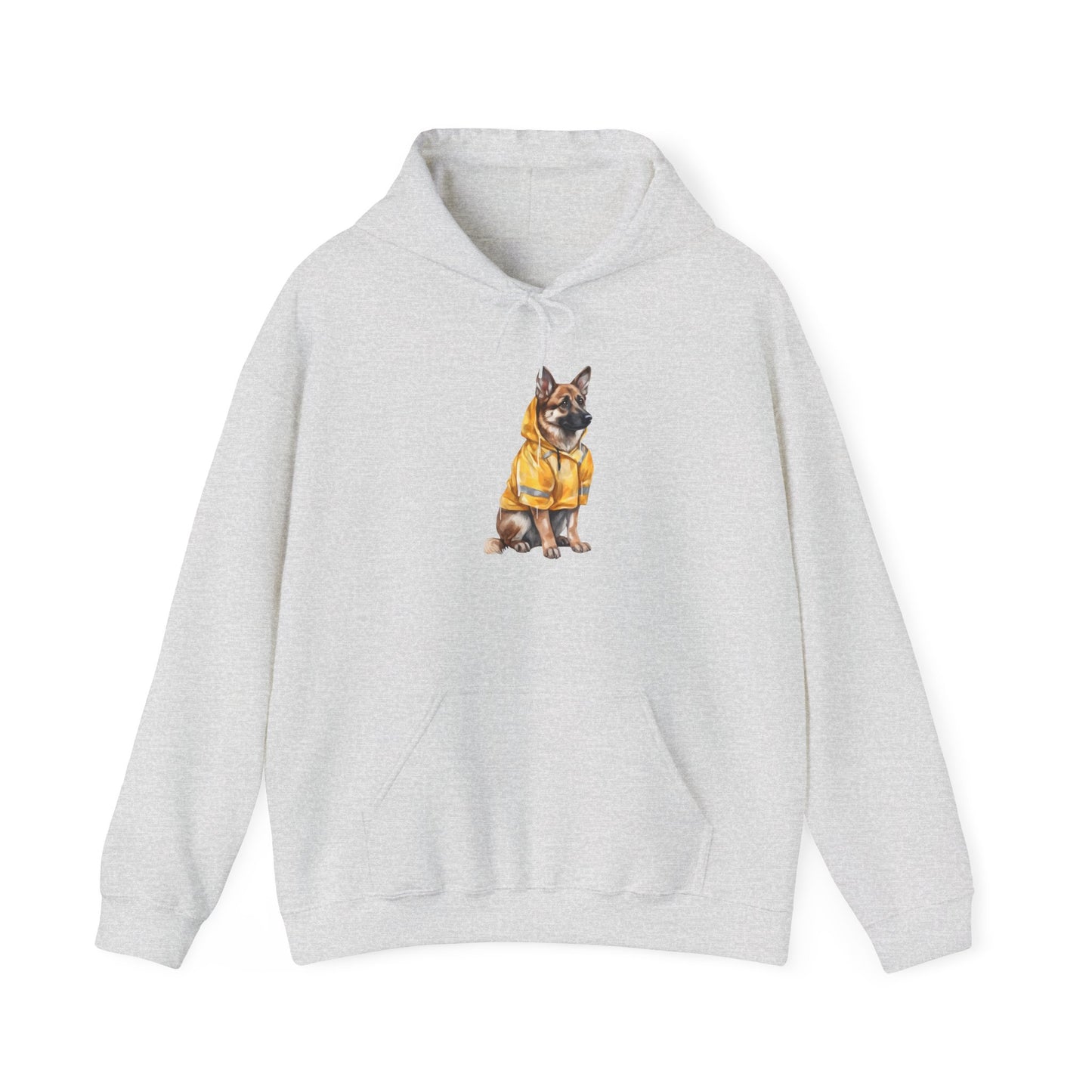 Unisex Dog Lover Hoodie With a Graphic of German Shepherd Wearing a Yellow Rain Coat