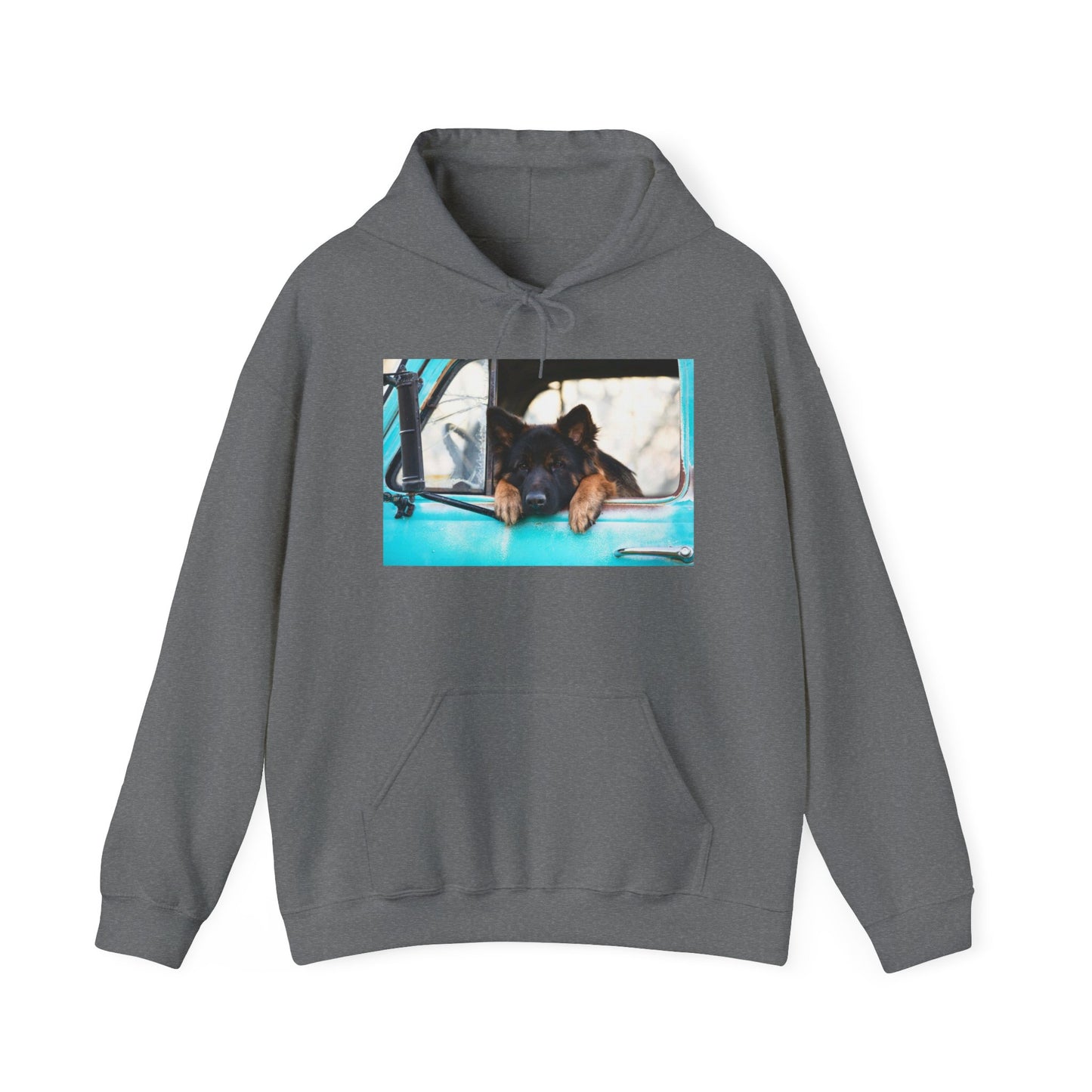 Unisex Dog Lover Hoodie With German Shepherd Puppy Putting His Head and Front Legs On The Truck Seat's Window