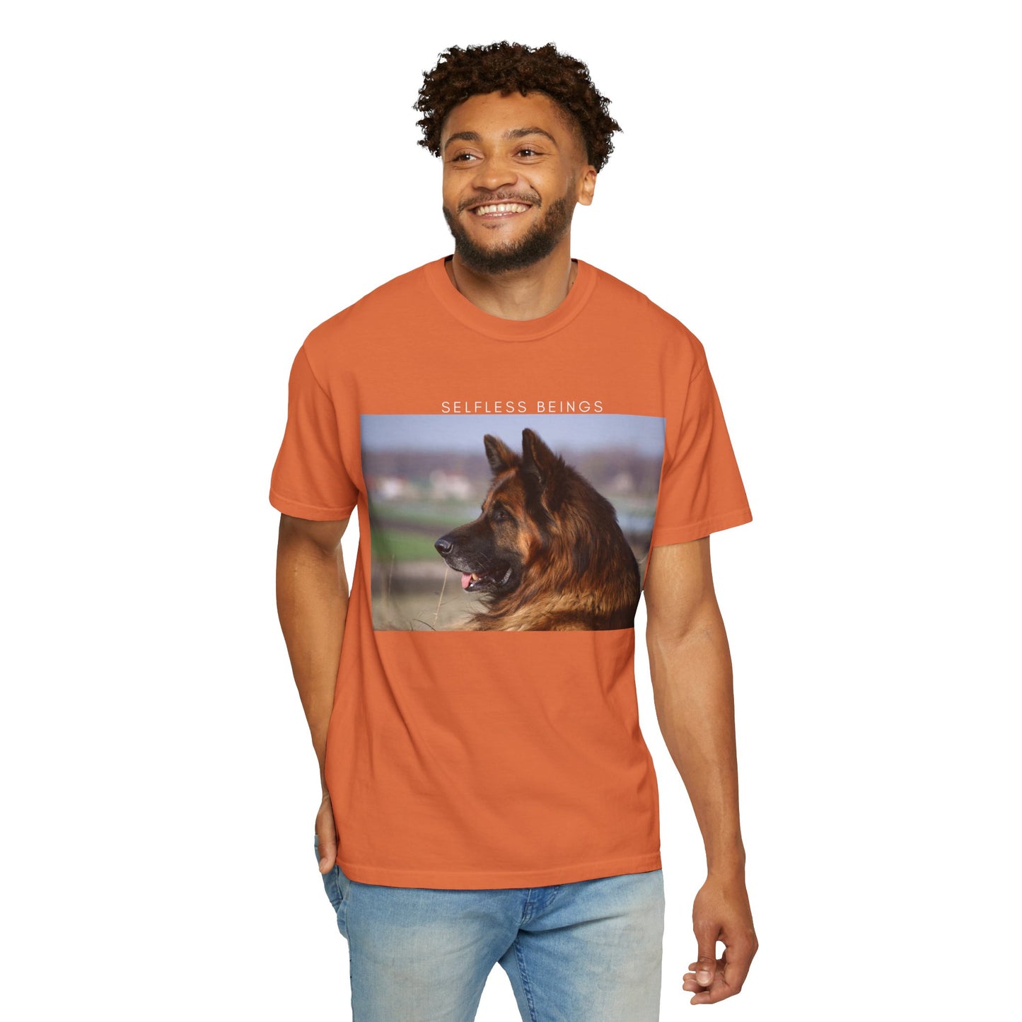 Unisex Dog Lover T-Shirt With Giant Long Coat German Shepherd Looking Straight and Caption Selfless Beings