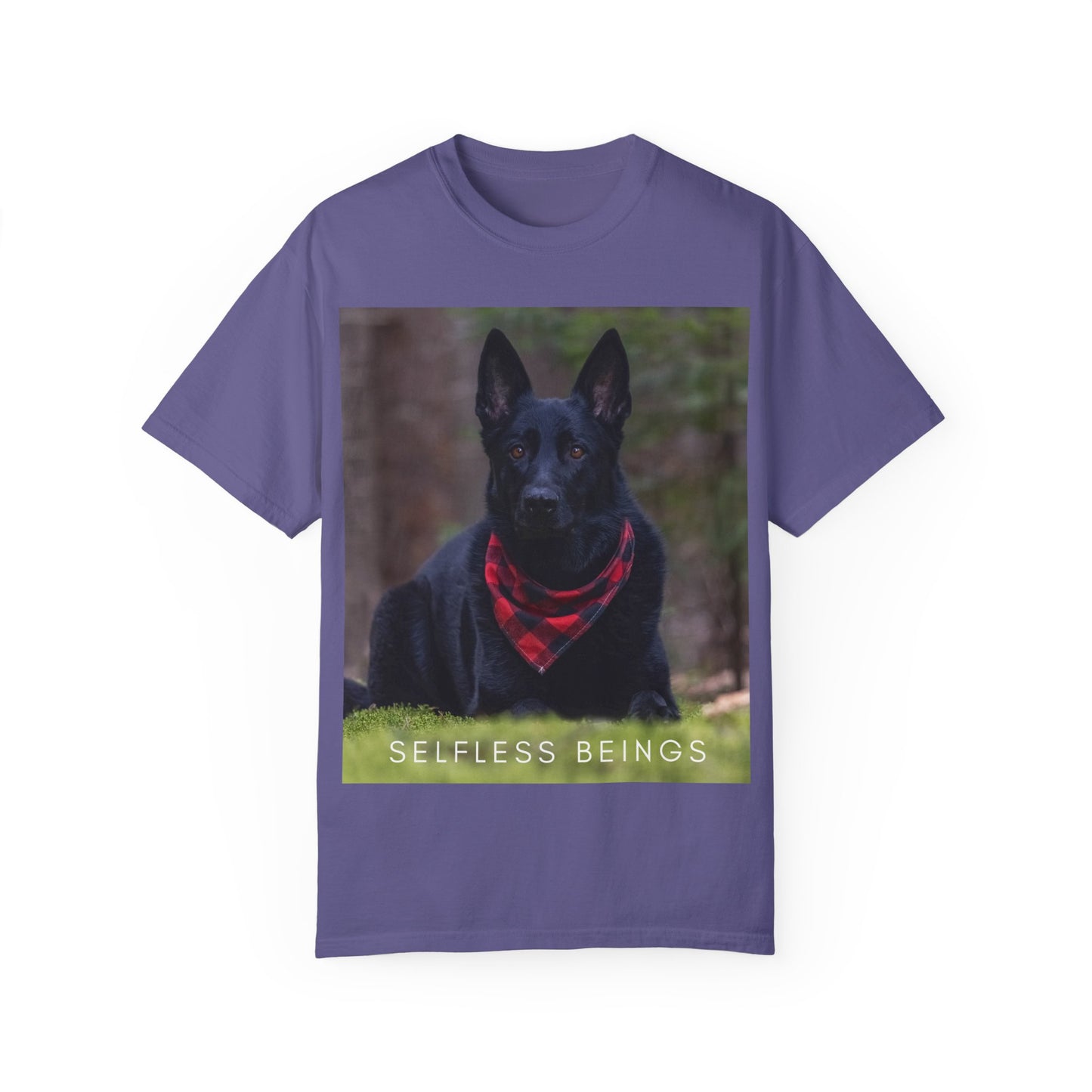 Unisex Dog Lover T-Shirt With a Solid Black German Shepherd Wearing a Red Romal Sitting and Caption Selfless Beings