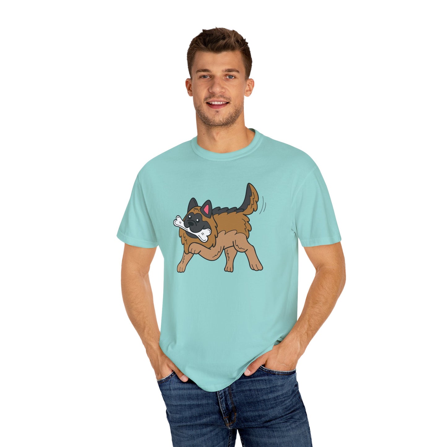 Unisex Dog Lover T-Shirt With a Graphic of a German Shepherd Holding a White Bone in Mouth