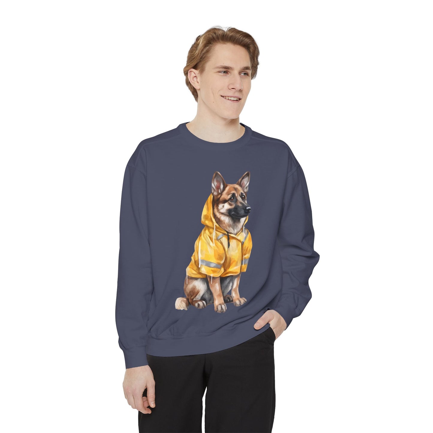 Unisex Dog Lover Sweatshirt With a Graphic of German Shepherd Wearing a Yellow Rain Coat