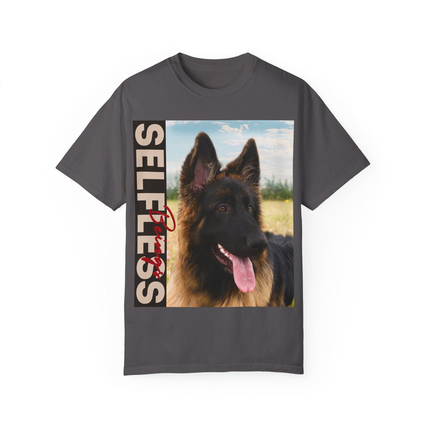 Unisex Dog Lover T-Shirt With Young Long Coat German Shepherd Looking Sideways Leaving Tongue Out and Caption Selfless Beings Written With Beige Red