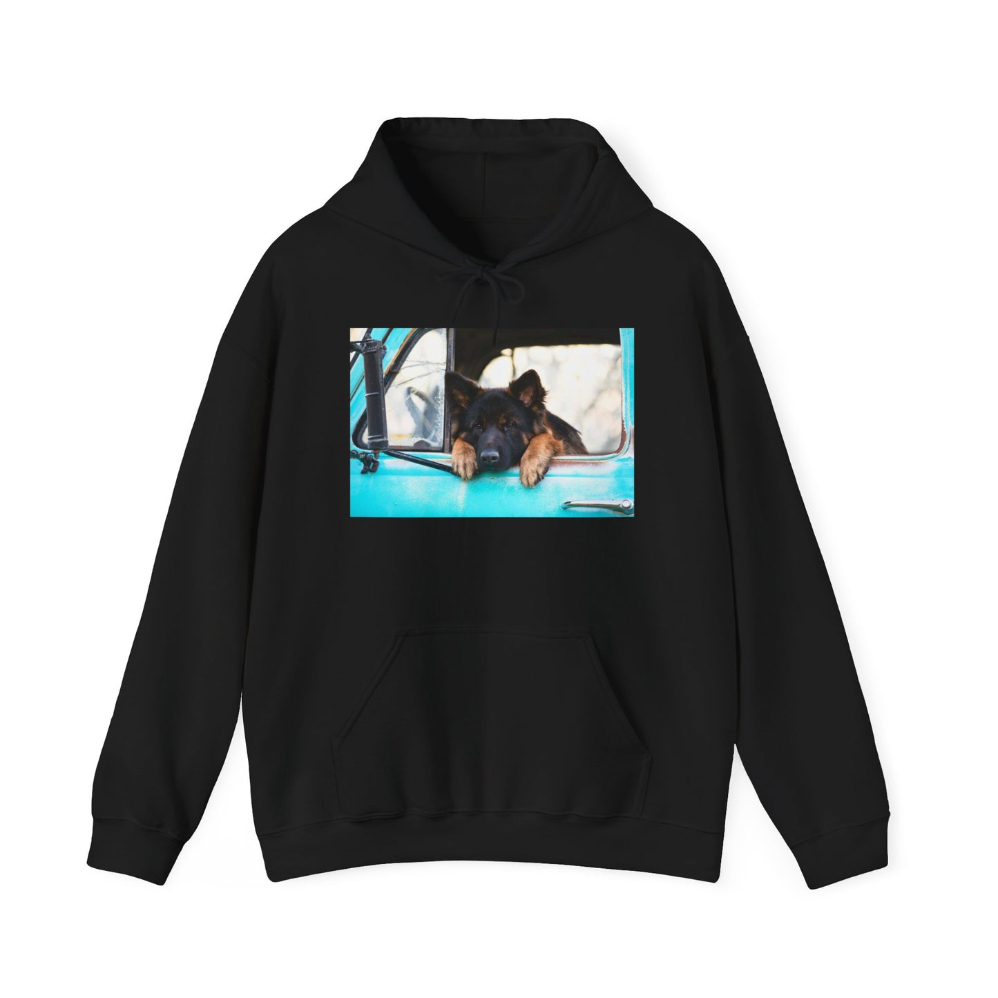 Unisex Dog Lover Hoodie With German Shepherd Puppy Putting His Head and Front Legs On The Truck Seat's Window