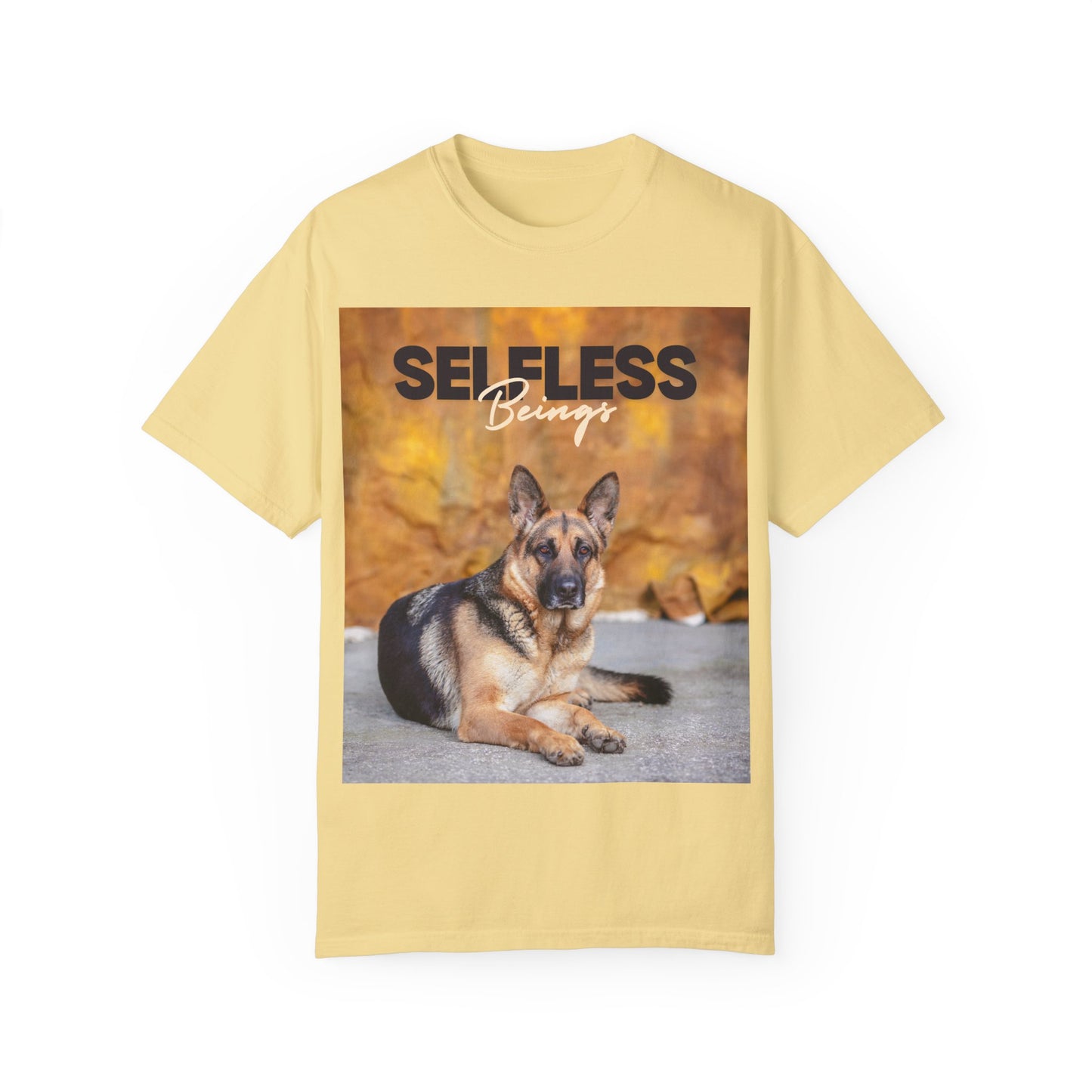 Unisex Dog Lover T-Shirt With Showline German Shepherd Posing for Camera, Autumn Background and Caption Selfless Beings