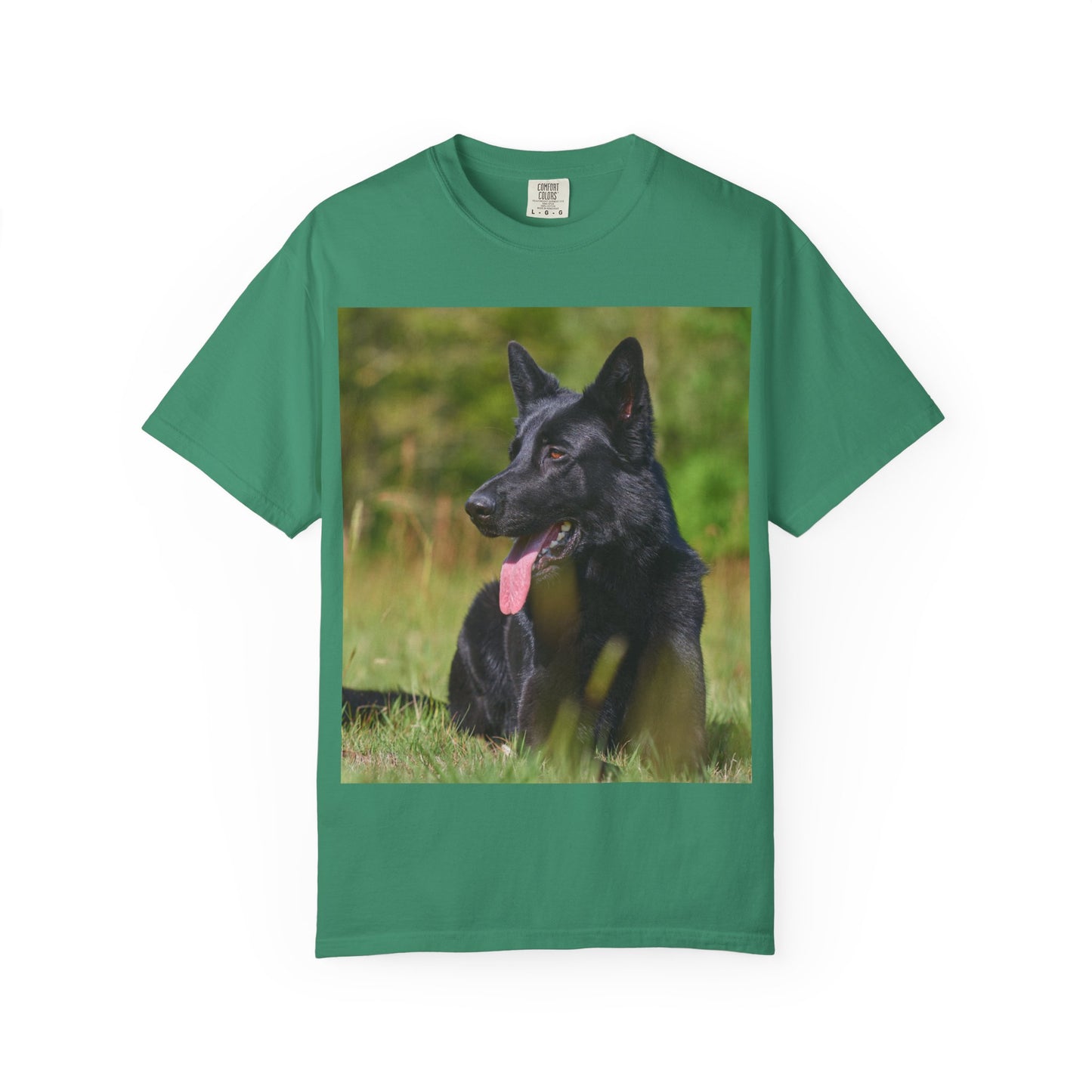 Unisex Garment-Dyed T-Shirt Featuring a Black German Shepherd Resting on Grass Looking Sideways