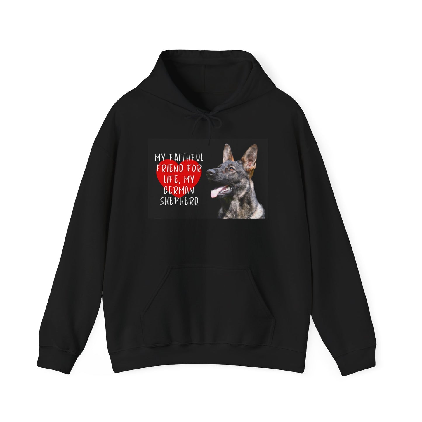 Unisex Dog Lover Hoodie With a Working Line German Shepherd and Caption Faithful Friend on Top of Red Heart