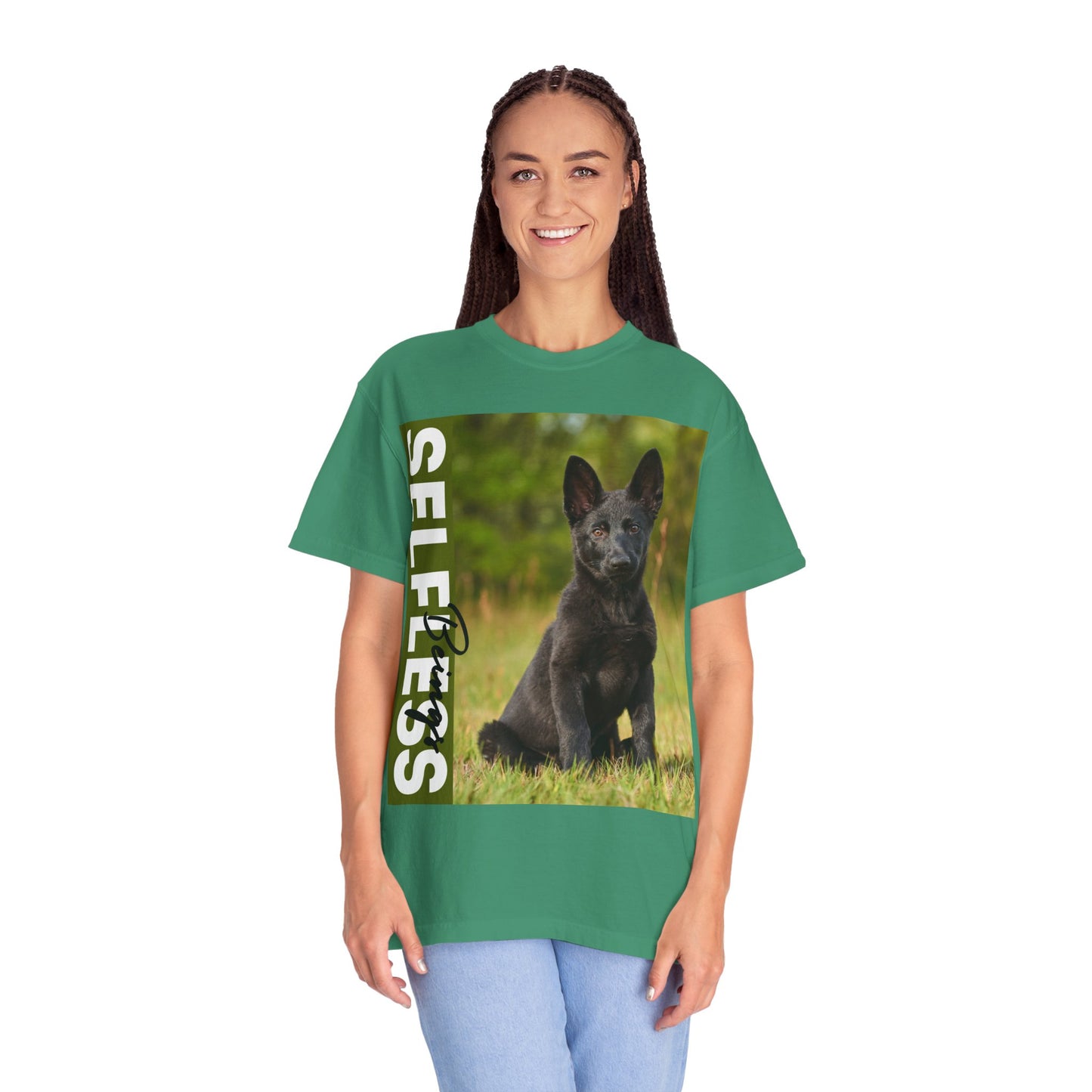 Unisex Dog Lover T-Shirt With Solid Black German Shepherd Puppy Sloppily Sitting on the Green Pasture and Caption Selfless Beings