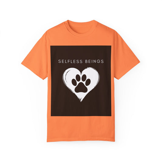 Unisex Dog Lover T-Shirt With Black Paw Print of a Dog Inside a White Heart and Caption Selfless Beings