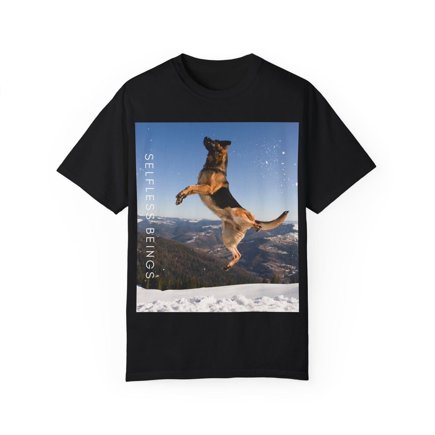 Unisex Dog Lover T-Shirt With a German Shepherd in the Air on Top of Snow Mountain and Caption Selfless Beings