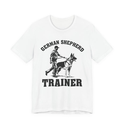 German Shepherd Trainer Tee - Black and White Design of Man Holding a German Shepherd