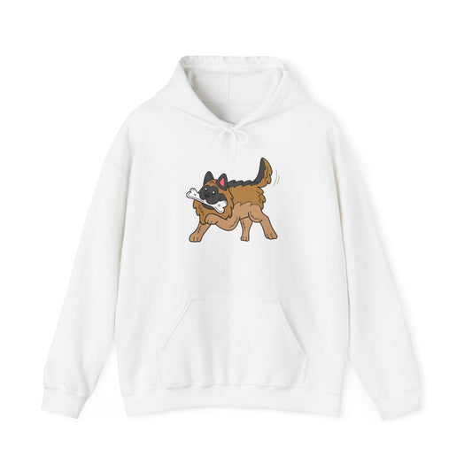 Unisex Dog Lover Hoodie With a Graphic of a German Shepherd Holding a White Bone in Mouth