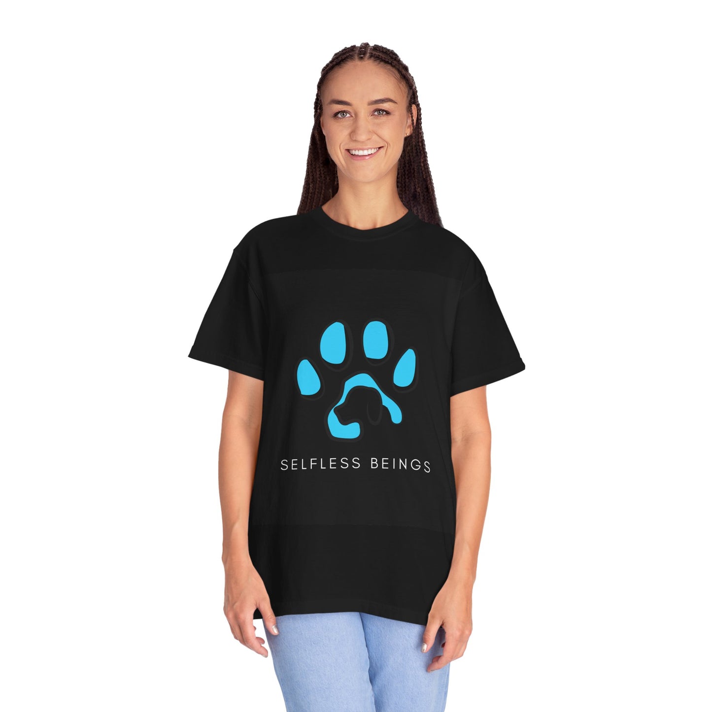 Unisex Dog Lover T-Shirt With Graphic of Blue Colored Dog Paw's Print Whose Metacarpal Contains a Design of Black Dog and Caption Selfless Beings Below