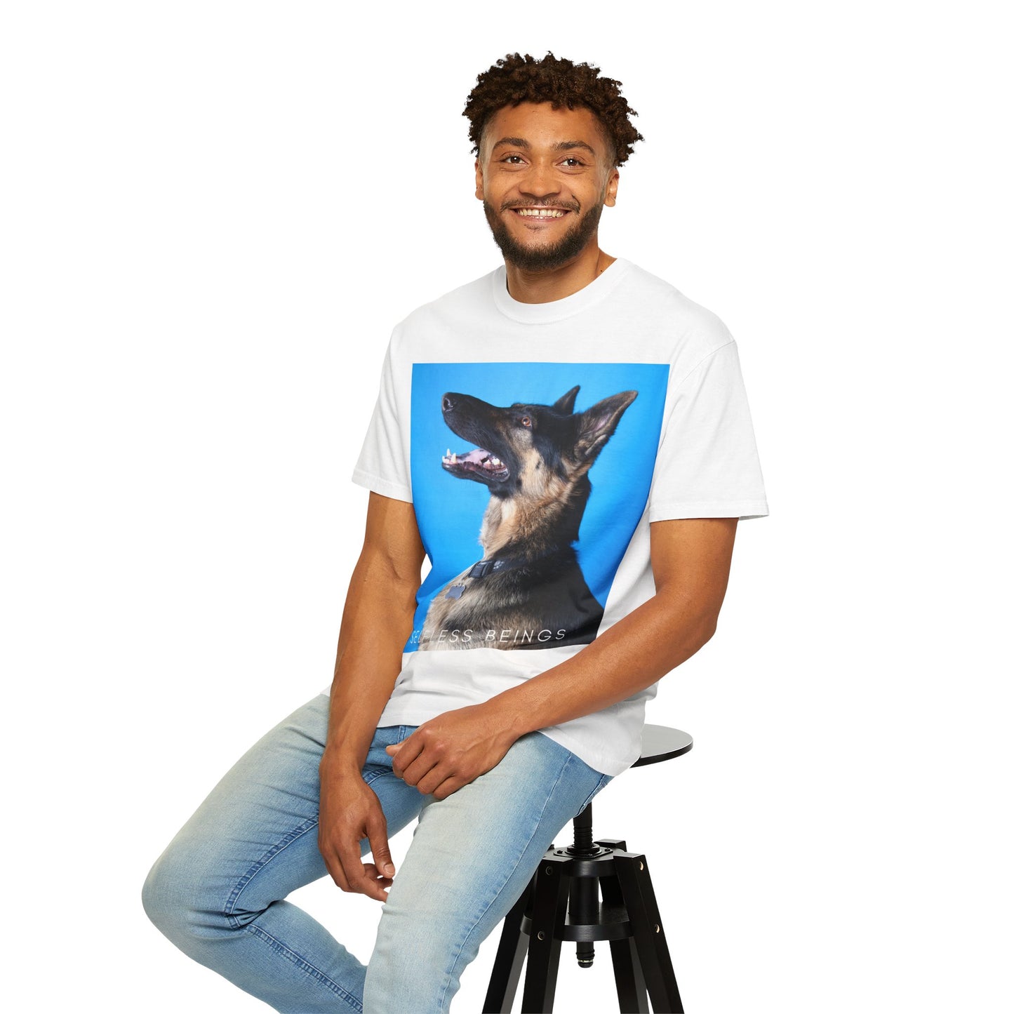 Unisex Dog Lover T-Shirt With Close Up Portrait of German Shepherd from Side Angle, Having Blue Background and Caption Selfless Beings