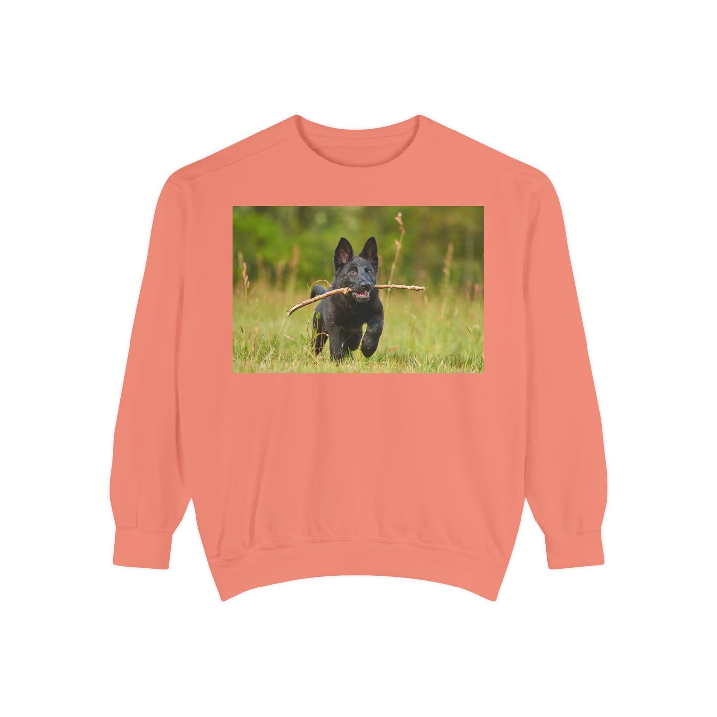 Unisex Dog Lover Sweatshirt With Black German Shepherd Puppy Running on the Grass Holding a Stick in the Mouth
