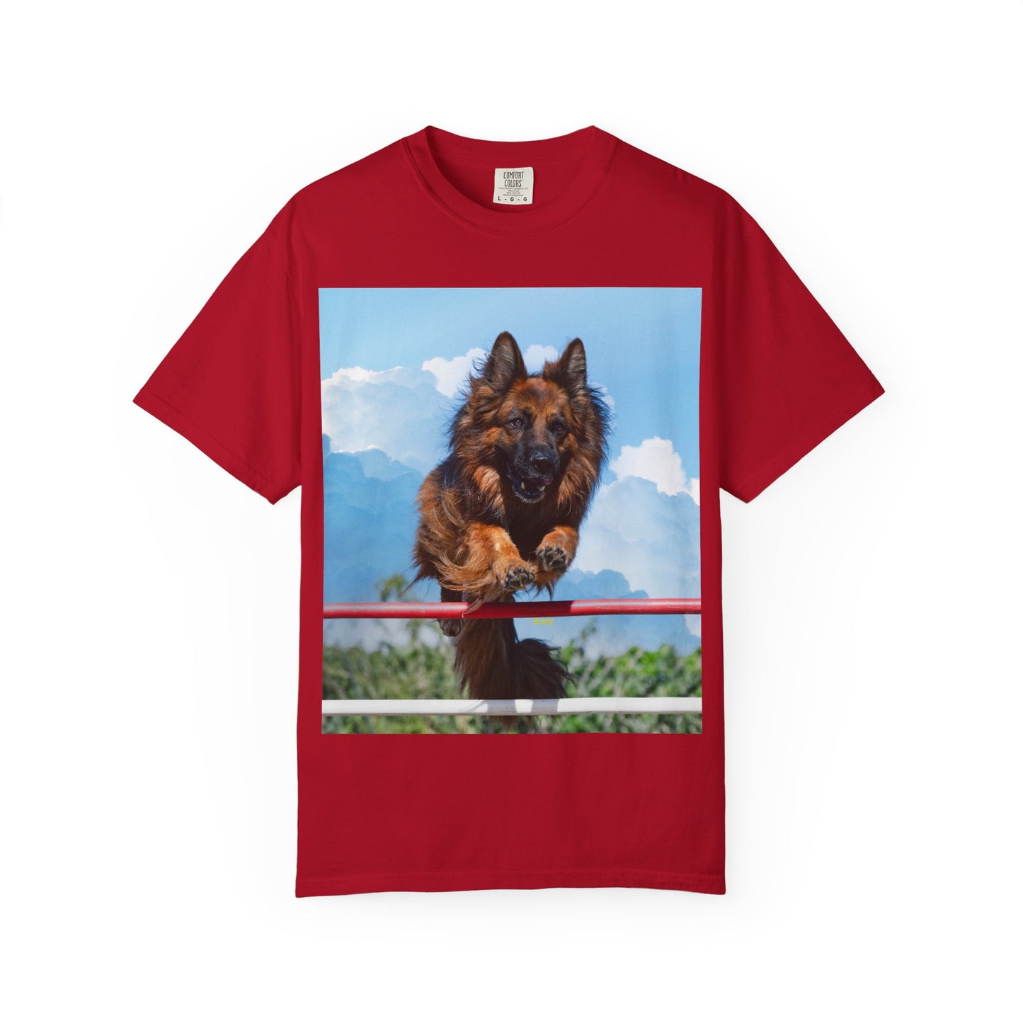 Unisex Dog Lovers T-Shirt Featuring a German Shepherd Jumping An Agility Fence