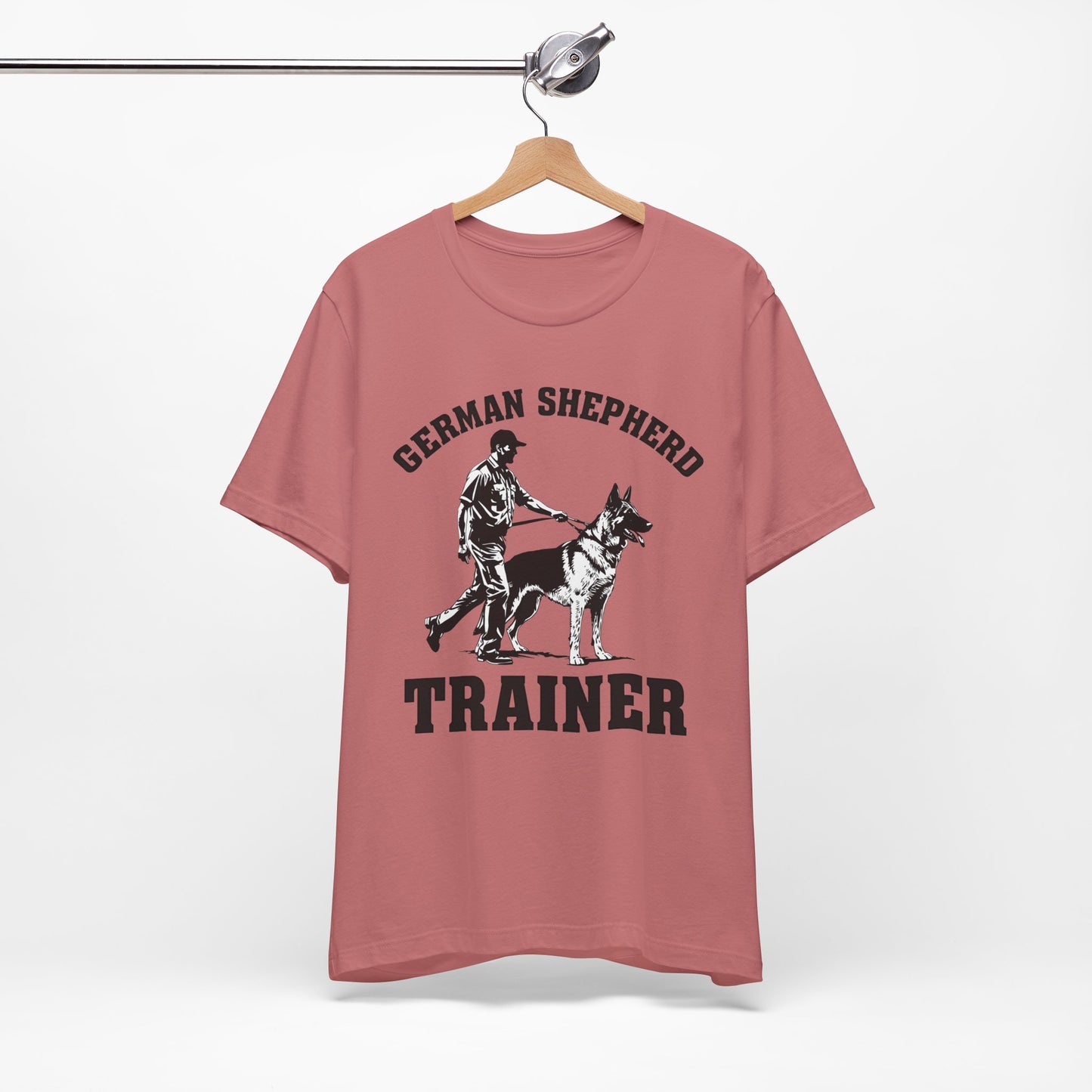German Shepherd Trainer Tee - Black and White Design of Man Holding a German Shepherd