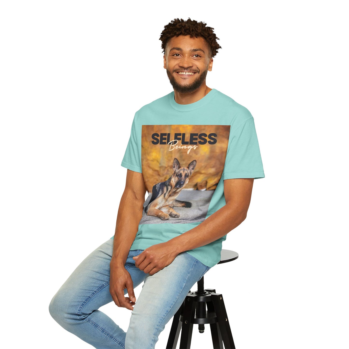 Unisex Dog Lover T-Shirt With Showline German Shepherd Posing for Camera, Autumn Background and Caption Selfless Beings