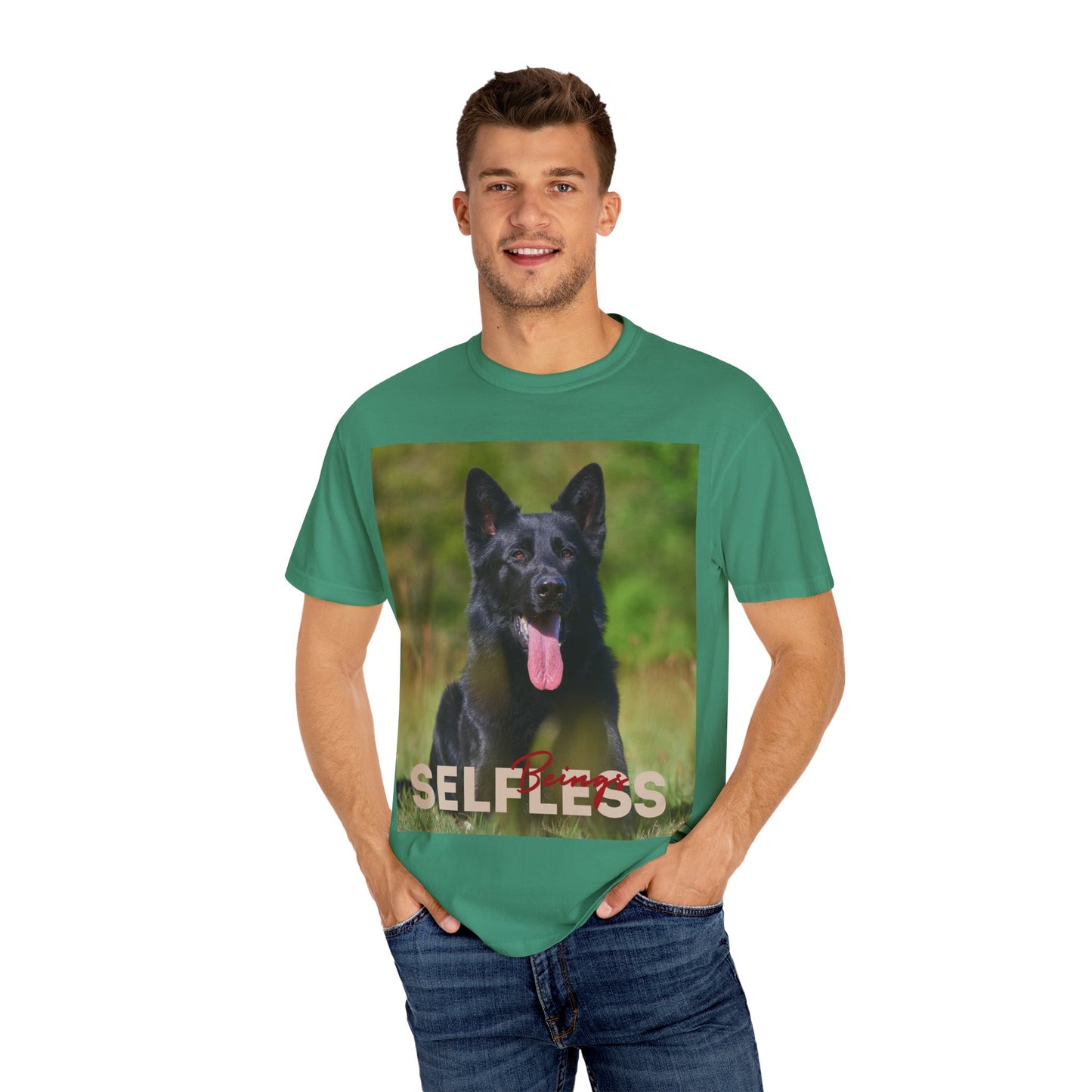 Unisex Dog Lover T-Shirt With Black German Shepherd Resting on the Grass Leaving Tongue Out and Caption Selfless Beings