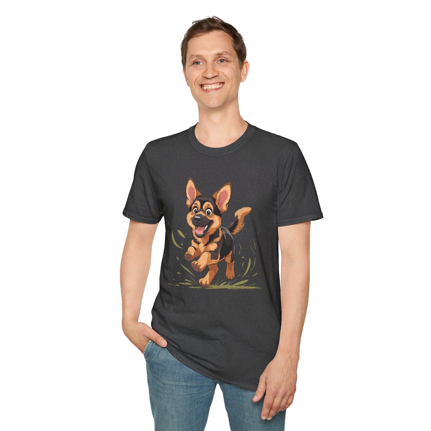 Cute Playing Puppy Graphic Unisex Softstyle T-Shirt, Dog Lover Gift, Casual Wear, Animal Theme Shirt, Perfect for Birthdays, Pet Owners