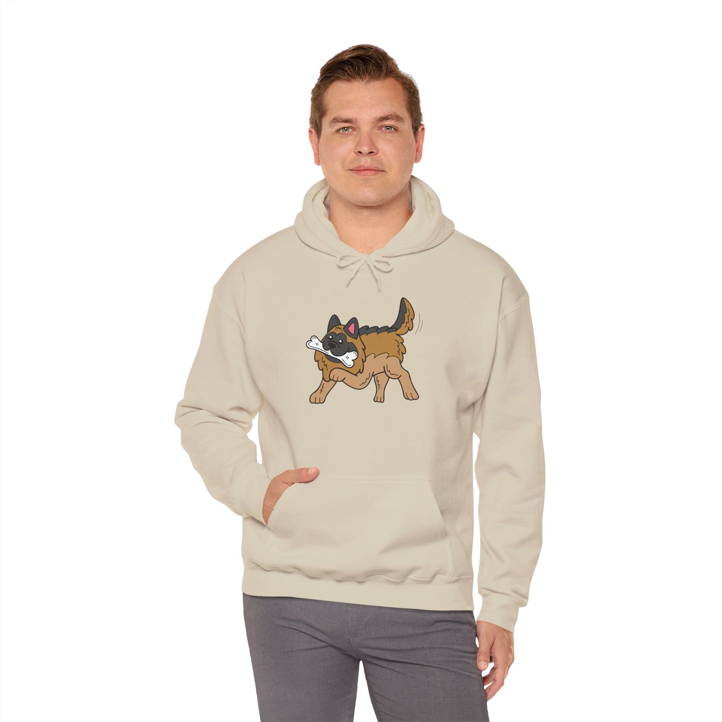 Unisex Dog Lover Hoodie With a Graphic of a German Shepherd Holding a White Bone in Mouth