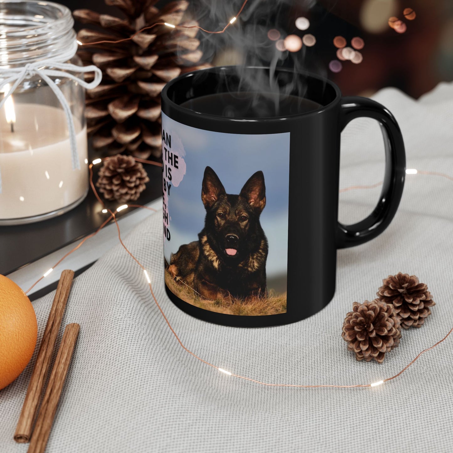 Black Ceramic Dog Lover Mug With a Working Line German Shepherd and Caption My German Shepherd The One Who is Always by My Side Through Thick and Thin
