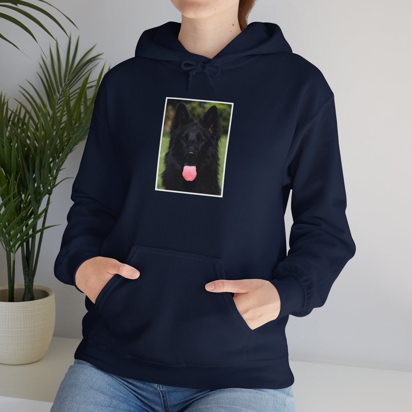 Unisex Dog Lover Hoodie With Close Up of Solid Black German Shepherd Leaving His Tongue Out