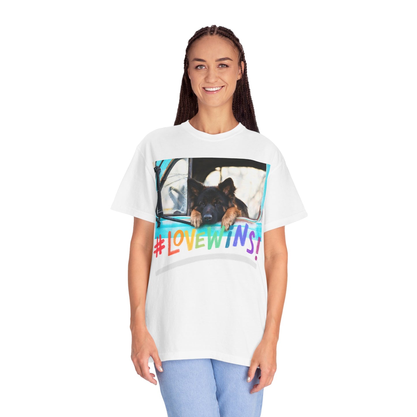 Unisex T-Shirt With German Shepherd Puppy Putting His Head and Front Legs On The Truck Seat's Window and Caption Love Wins