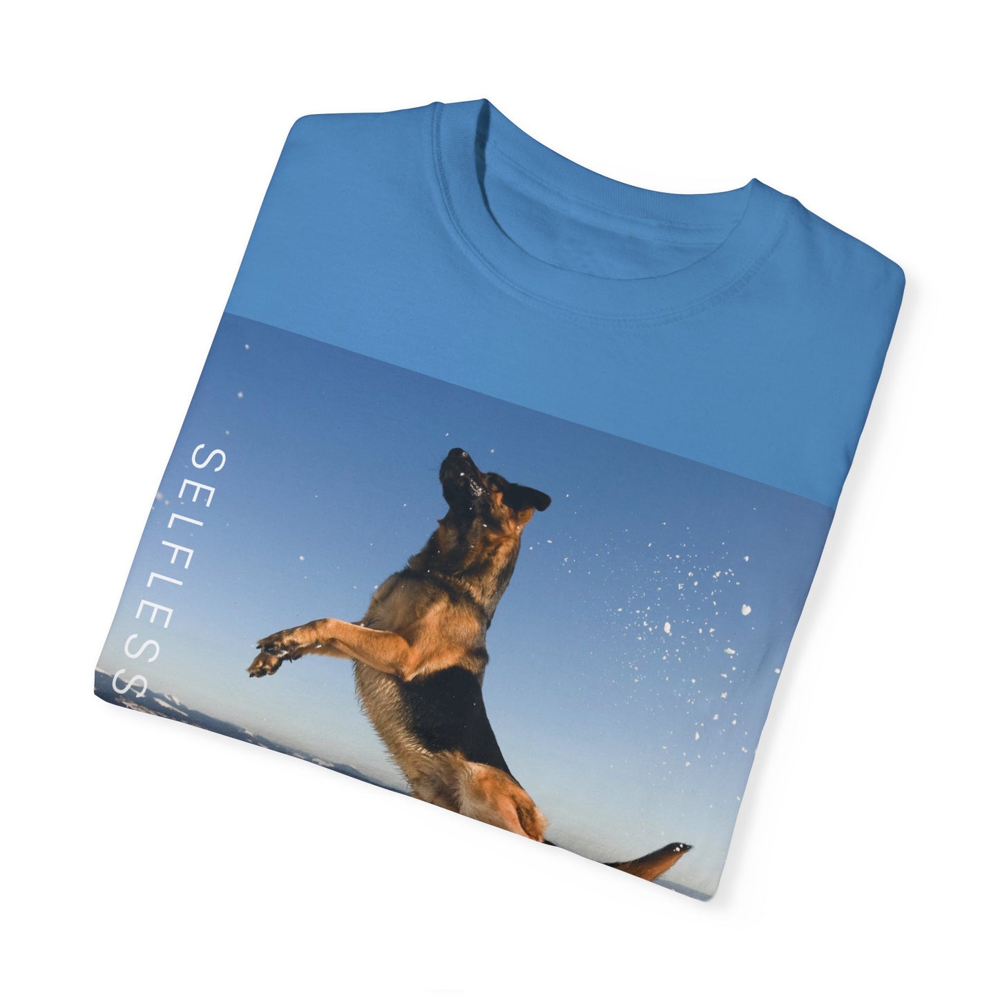 Unisex Dog Lover T-Shirt With a German Shepherd in the Air on Top of Snow Mountain and Caption Selfless Beings