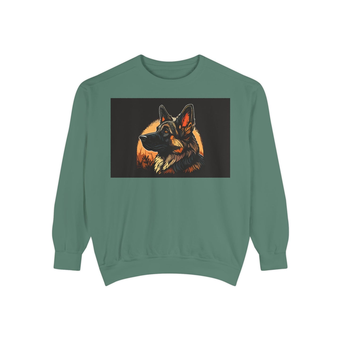 Unisex Dog Lover Sweatshirt With a Close Up Graphic of a German Shepherd In Front of Moon