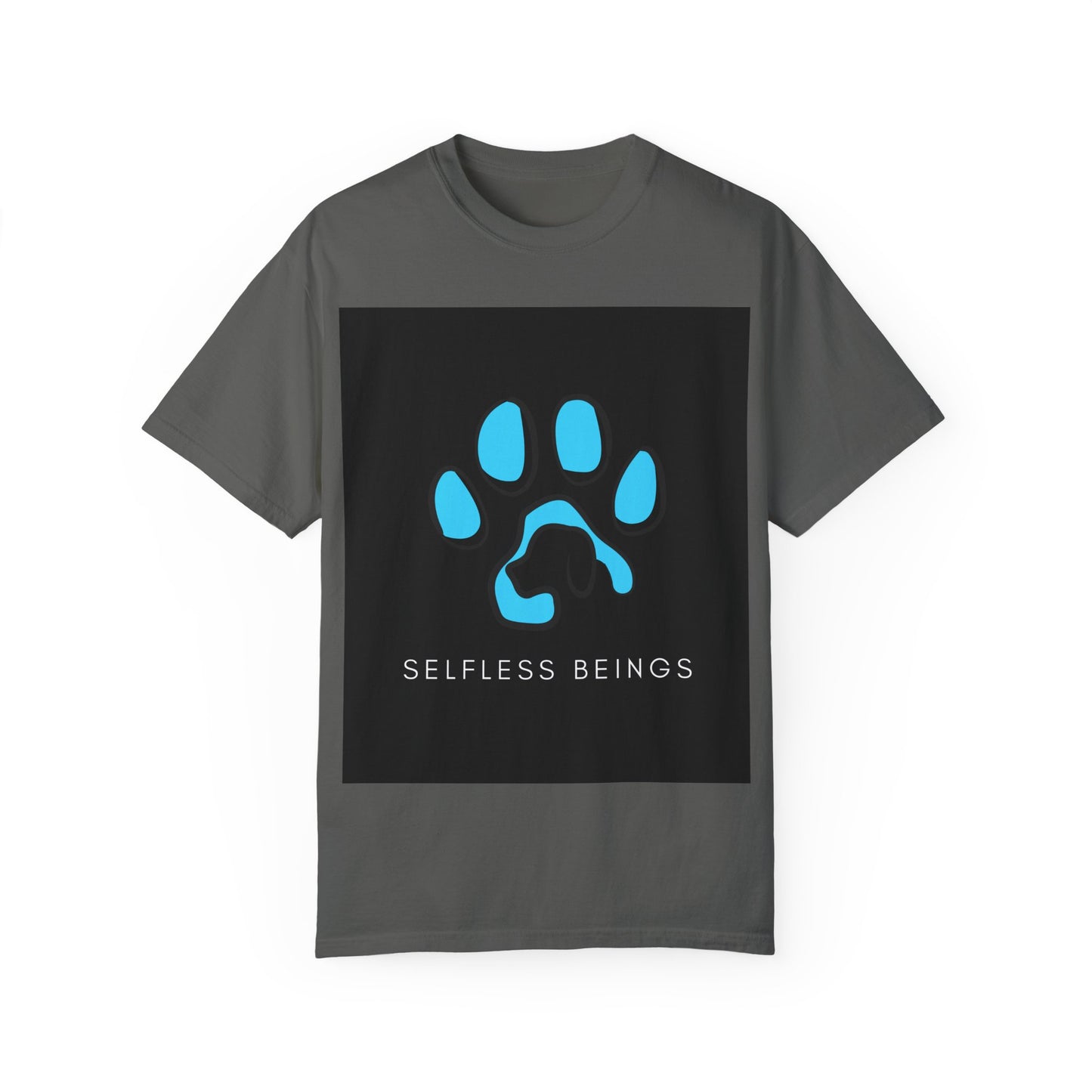 Unisex Dog Lover T-Shirt With Graphic of Blue Colored Dog Paw's Print Whose Metacarpal Contains a Design of Black Dog and Caption Selfless Beings Below