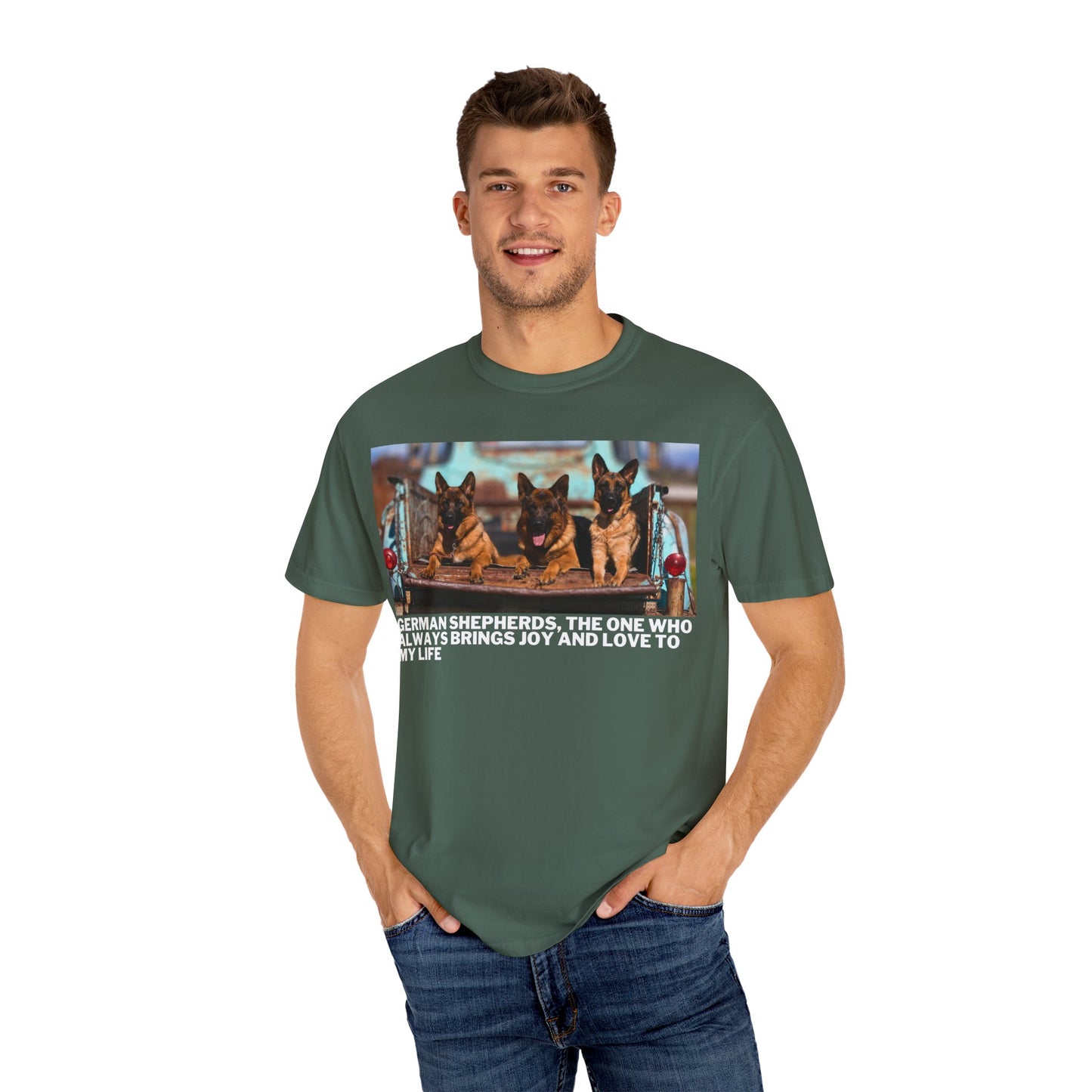Unisex Dog Lover T-Shirt With Three German Shepherds Lying on the Truck's Cargo Bed in a Row and Caption The One Who Always Brings Joy and Love to My Love