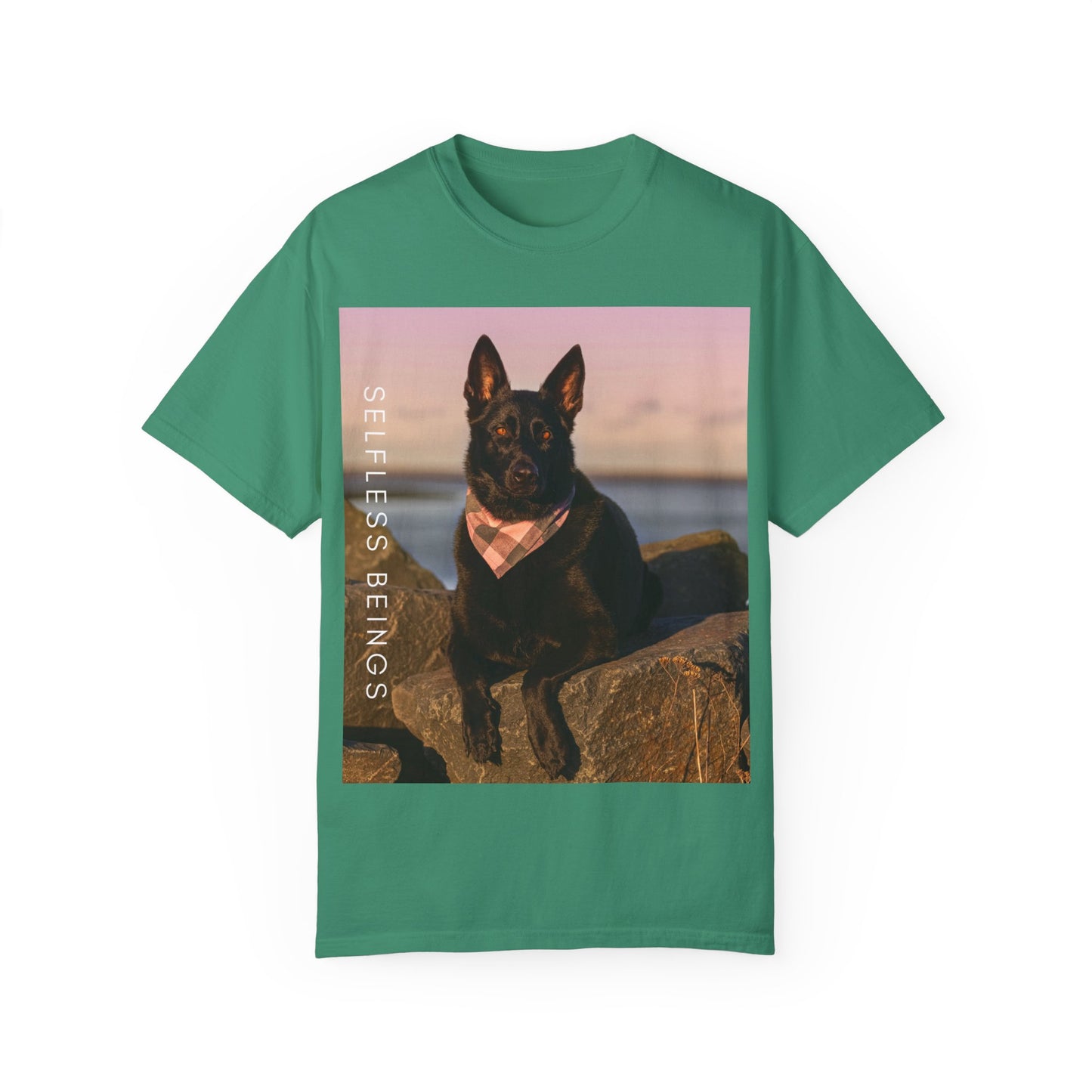Unisex Dog Lover T-shirt With Solid Black German Shepherd Wearing a Romal Sitting on the Seaside Rocks and Caption Selfless Beings