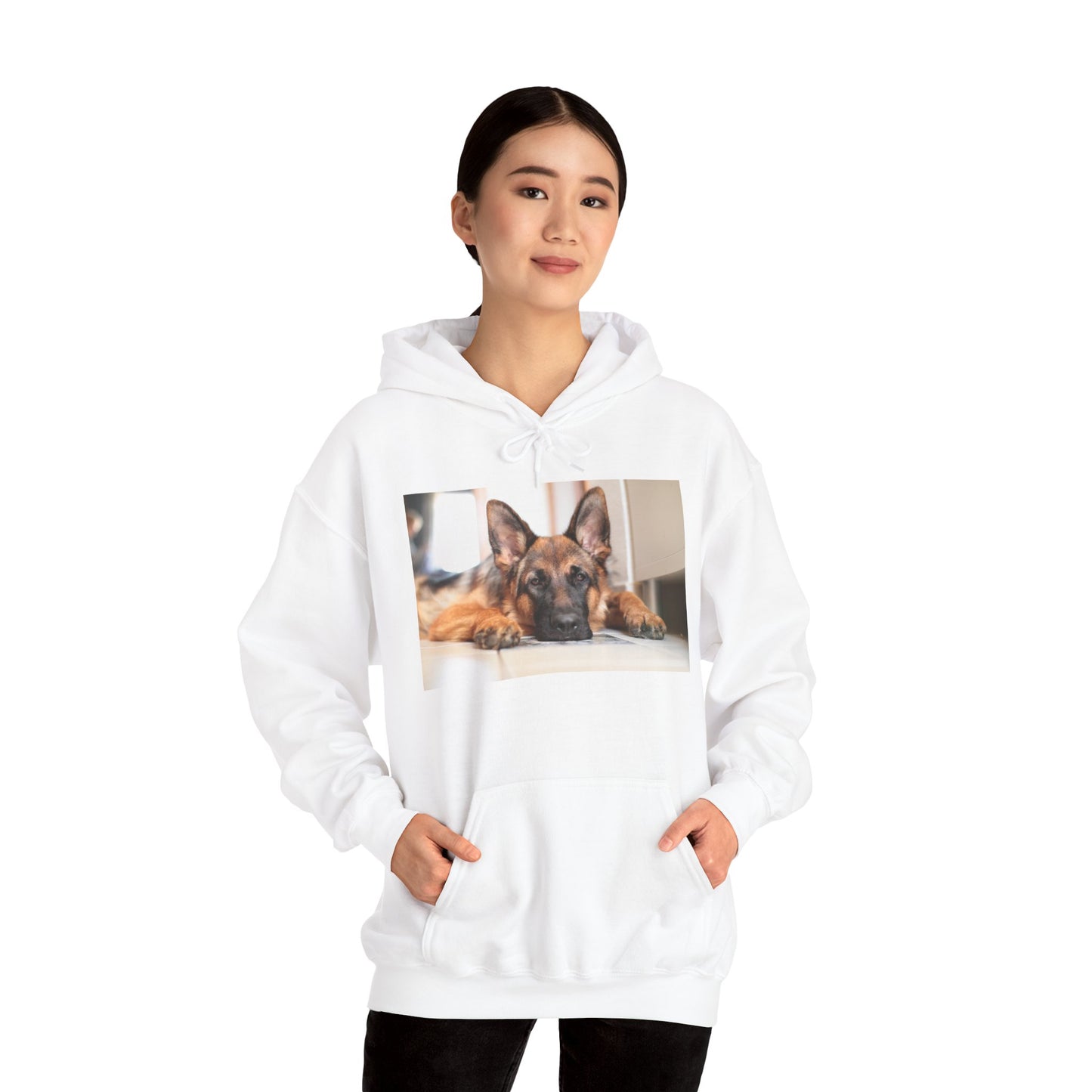 A Unisex Hoodie With a German Shepherd Lying His Head on the Floor