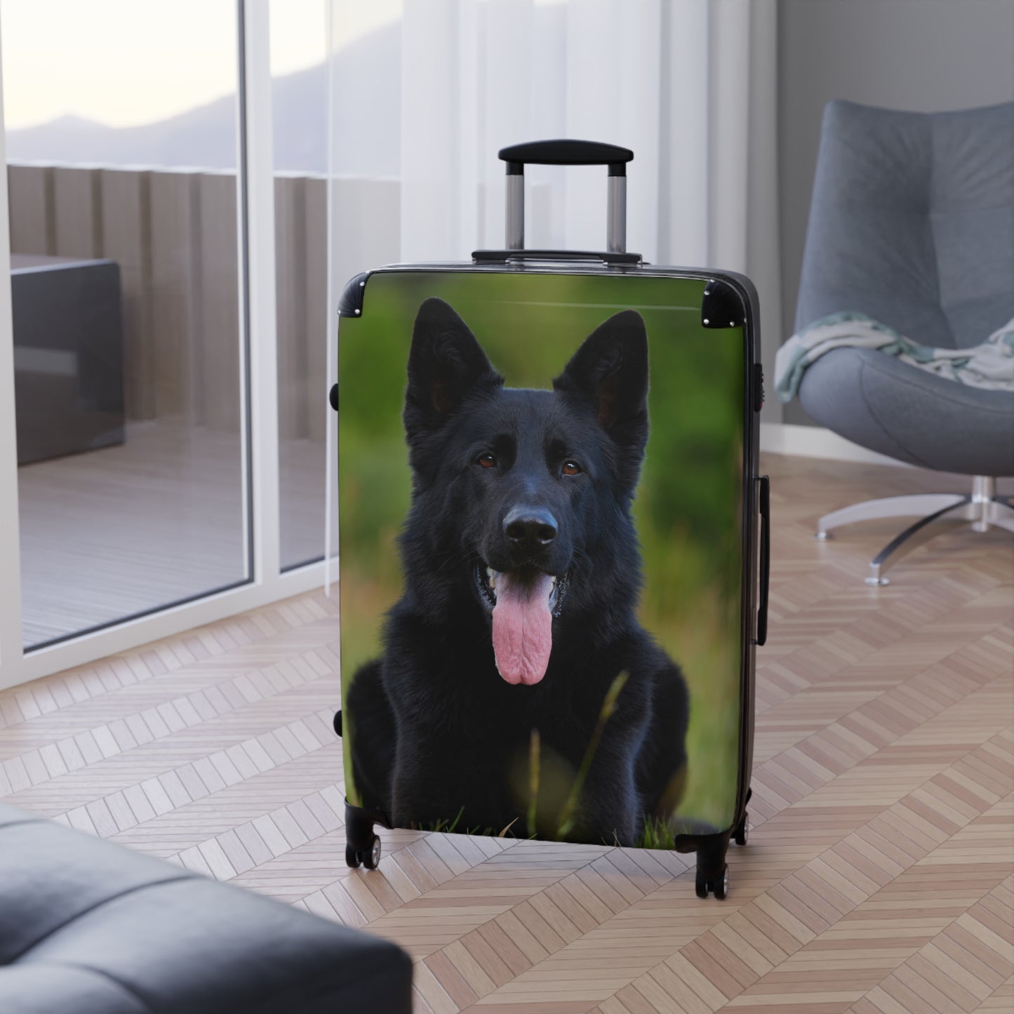Personalized Dog-Themed Suitcase Featuring Black German Shepherd Resting on the Grass Leaving Tongue Out