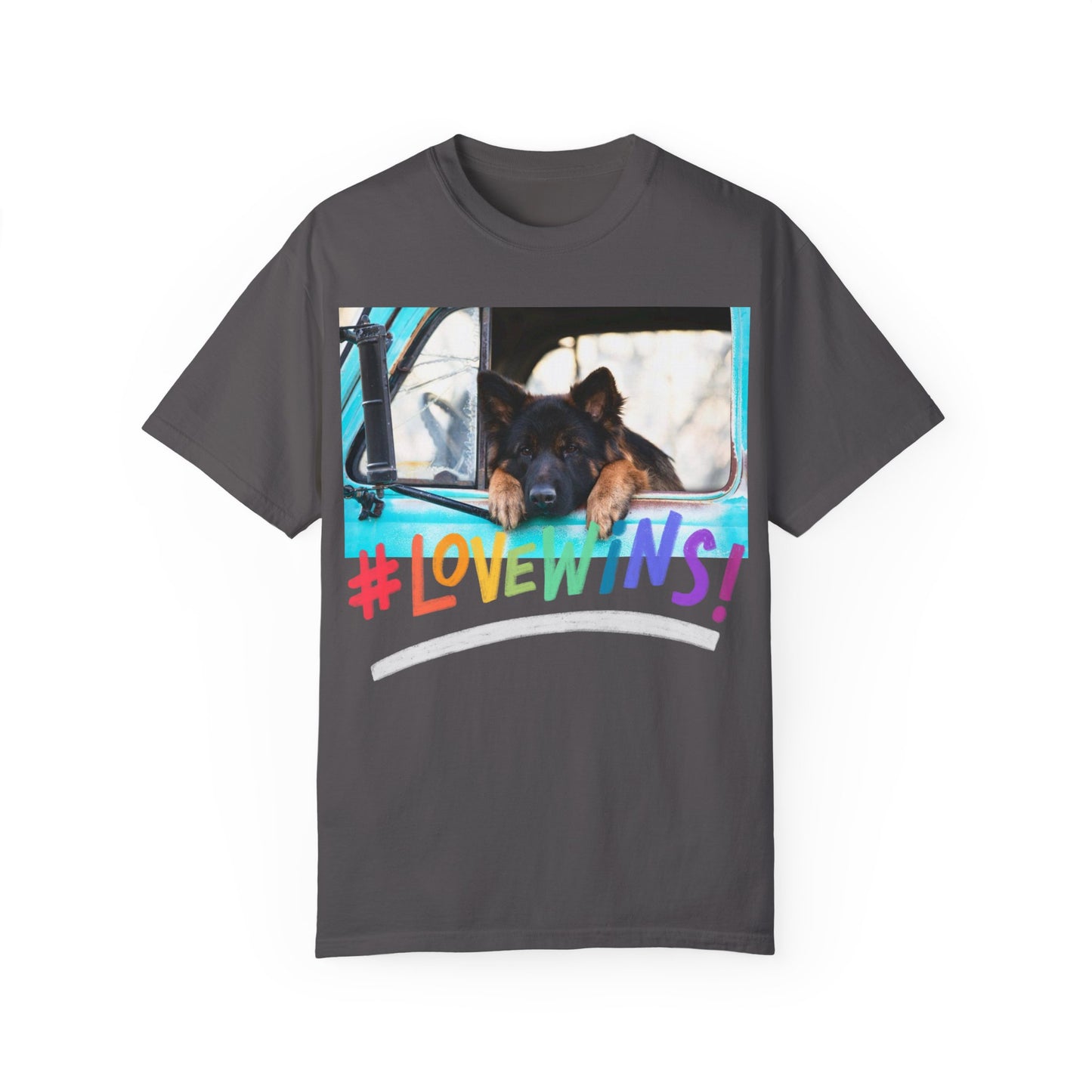 Unisex T-Shirt With German Shepherd Puppy Putting His Head and Front Legs On The Truck Seat's Window and Caption Love Wins