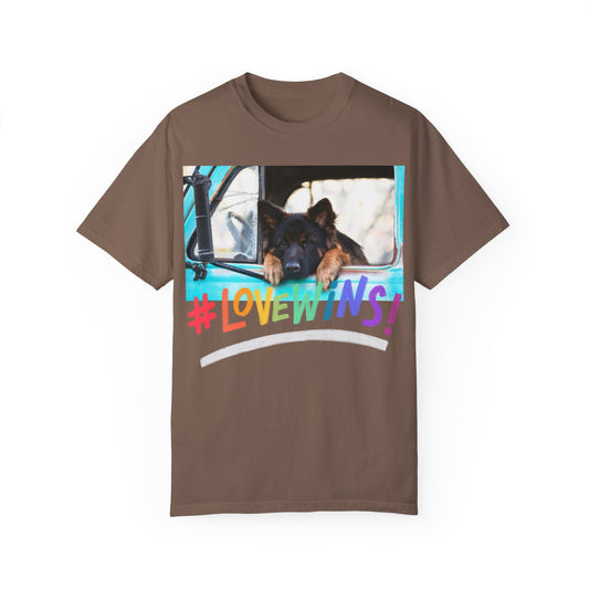 Unisex T-Shirt With German Shepherd Puppy Putting His Head and Front Legs On The Truck Seat's Window and Caption Love Wins
