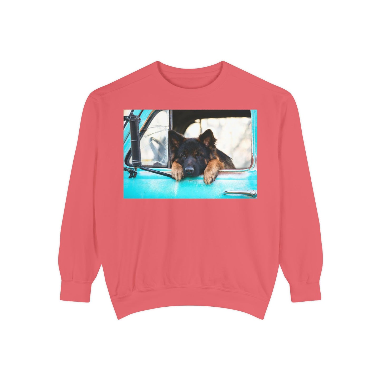 Unisex Dog Lover Sweatshirt With a German Shepherd Puppy Putting His Head and Front Legs On The Truck Seat's Window